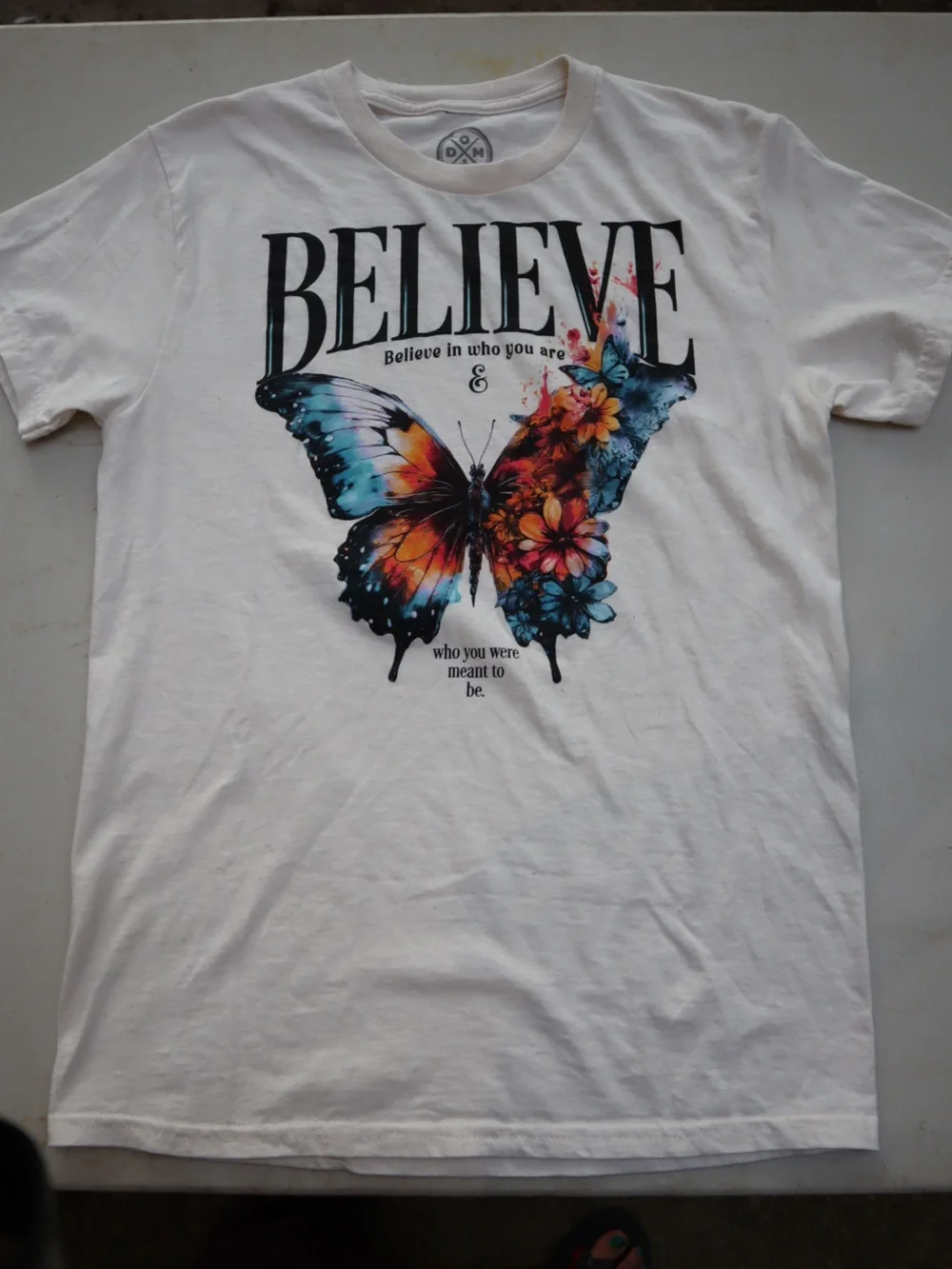 DOM White Tee with Multicolor Butterfly and Floral Graphic-S